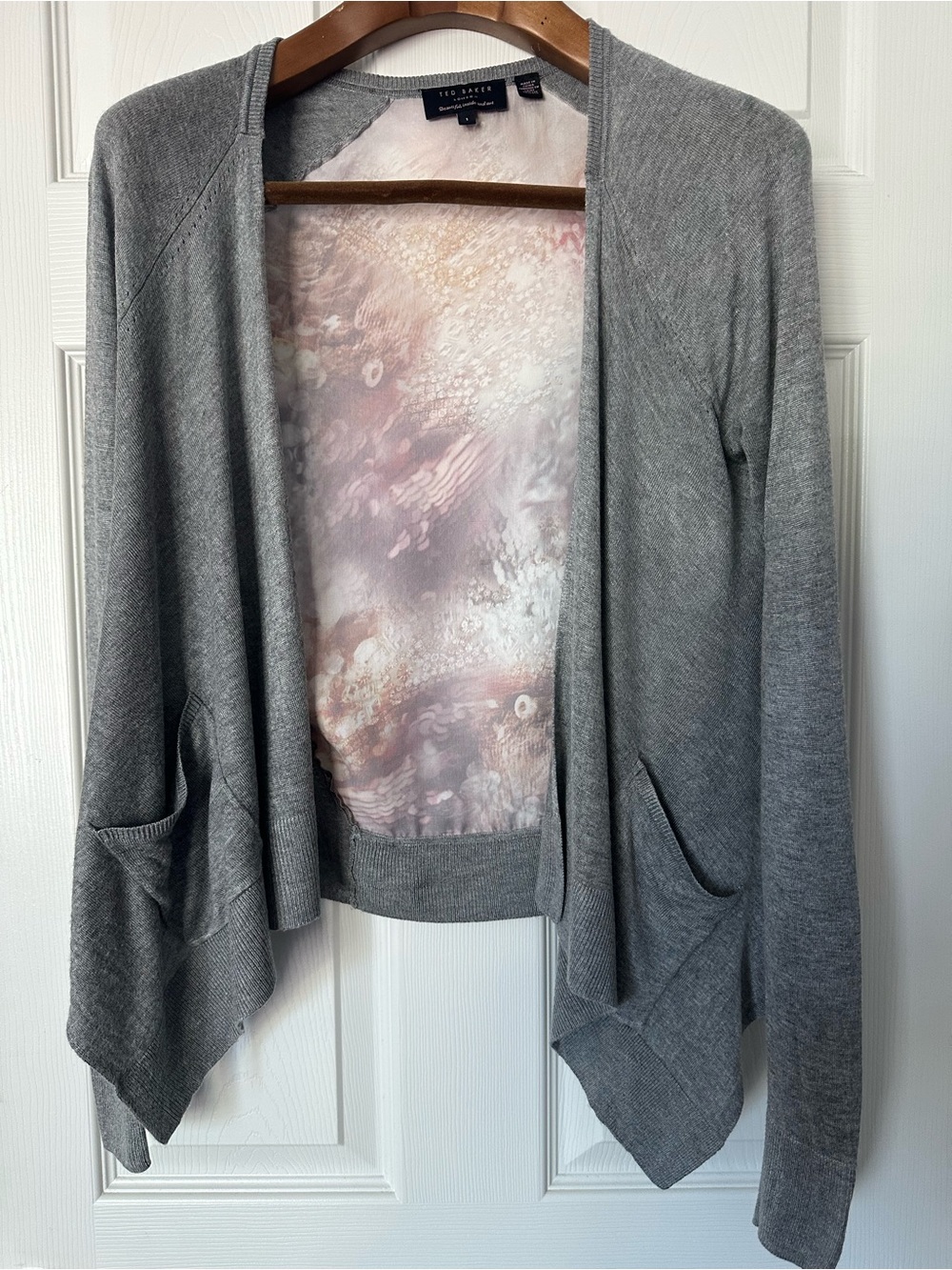 Ted Baker London Light Gray Cardigan with Multicolor Abstract Back Panel 1